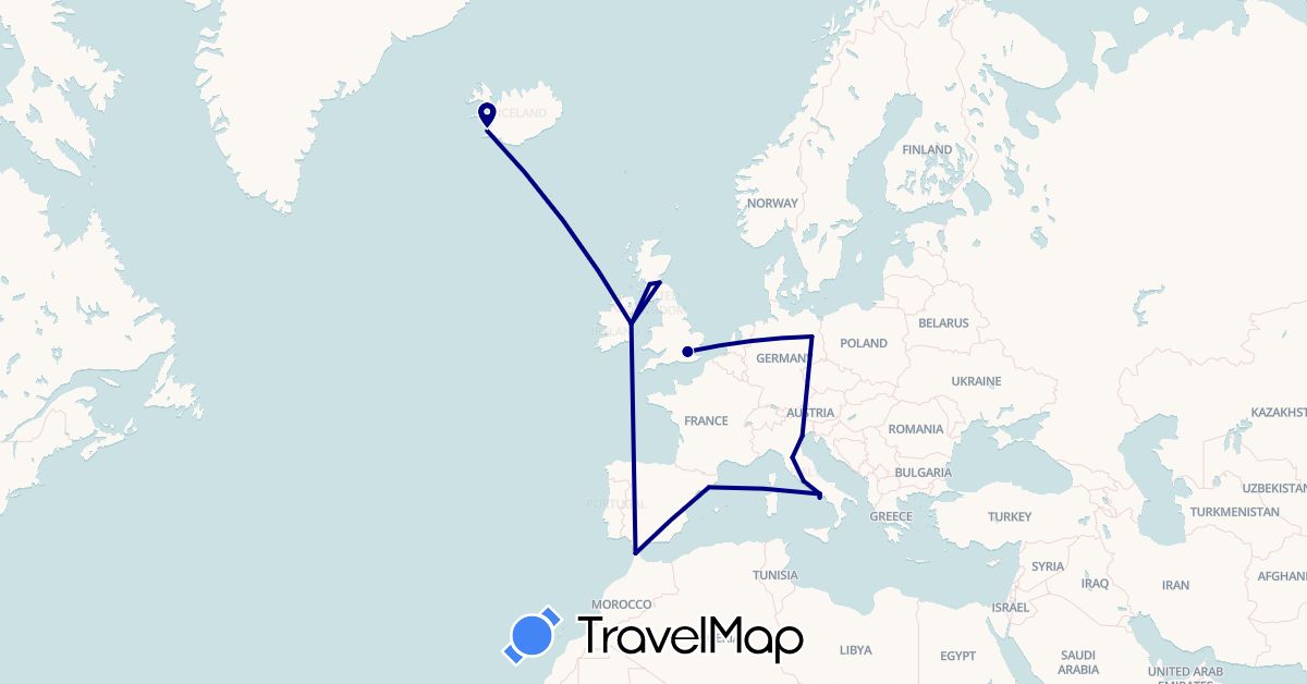 TravelMap itinerary: driving in Germany, Spain, United Kingdom, Ireland, Iceland, Italy, Morocco (Africa, Europe)